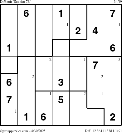 The grouppuzzles.com Difficult Sudoku-7B puzzle for Wednesday April 30, 2025 with the first 3 steps marked