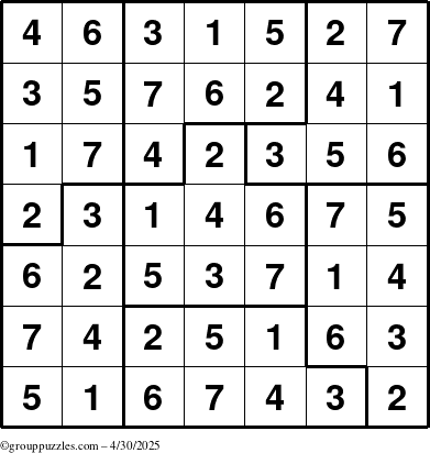 The grouppuzzles.com Answer grid for the Sudoku-7B puzzle for Wednesday April 30, 2025
