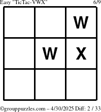 The grouppuzzles.com Easy TicTac-VWX puzzle for Wednesday April 30, 2025