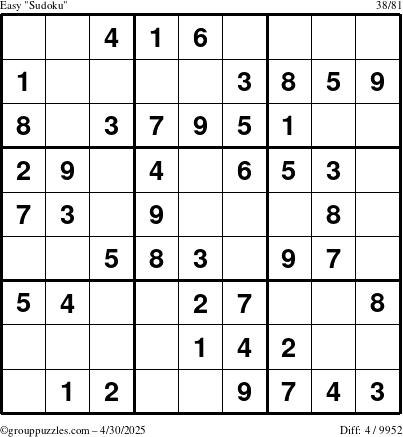 The grouppuzzles.com Easy Sudoku puzzle for Wednesday April 30, 2025