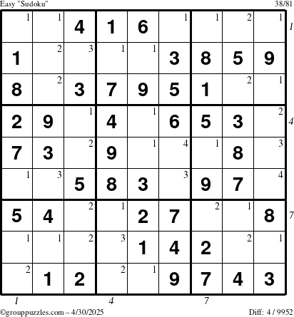 The grouppuzzles.com Easy Sudoku puzzle for Wednesday April 30, 2025 with all 4 steps marked