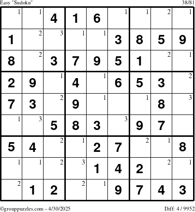 The grouppuzzles.com Easy Sudoku puzzle for Wednesday April 30, 2025 with the first 3 steps marked