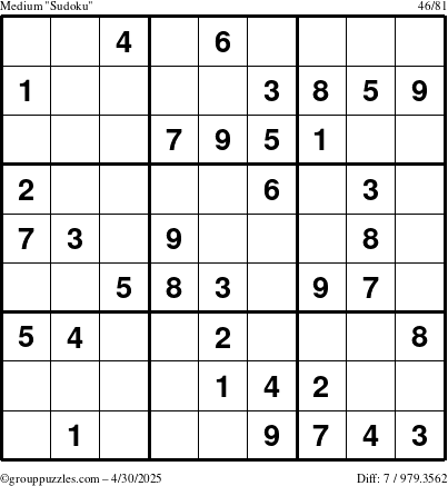 The grouppuzzles.com Medium Sudoku puzzle for Wednesday April 30, 2025