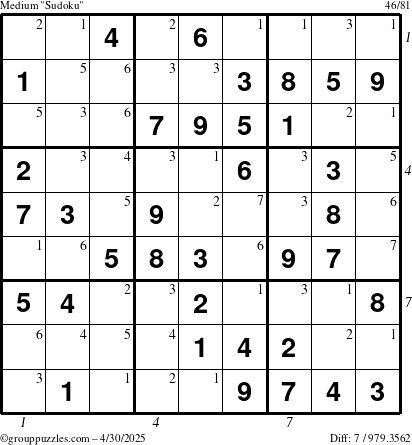 The grouppuzzles.com Medium Sudoku puzzle for Wednesday April 30, 2025 with all 7 steps marked