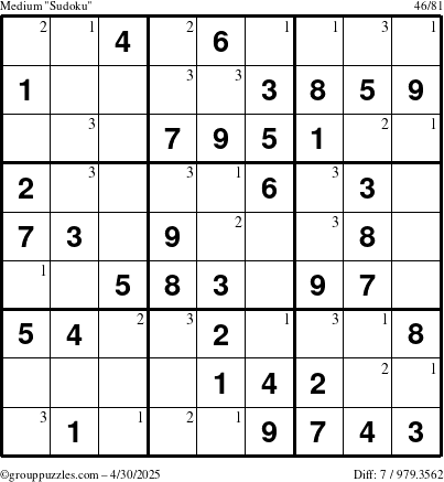 The grouppuzzles.com Medium Sudoku puzzle for Wednesday April 30, 2025 with the first 3 steps marked