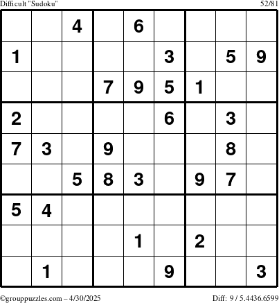 The grouppuzzles.com Difficult Sudoku puzzle for Wednesday April 30, 2025