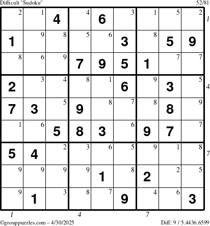 The grouppuzzles.com Difficult Sudoku puzzle for Wednesday April 30, 2025 with all 9 steps marked