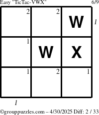 The grouppuzzles.com Easy TicTac-VWX puzzle for Wednesday April 30, 2025 with all 2 steps marked