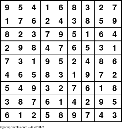 The grouppuzzles.com Answer grid for the Sudoku puzzle for Wednesday April 30, 2025