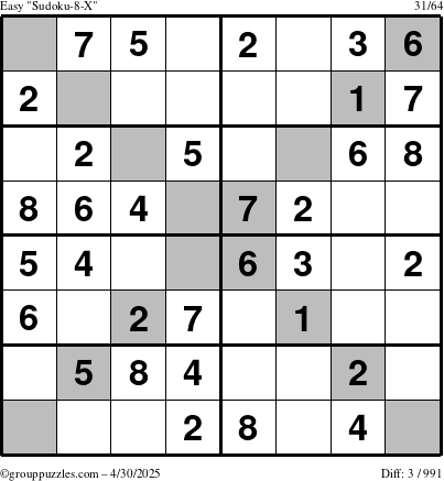 The grouppuzzles.com Easy Sudoku-8-X puzzle for Wednesday April 30, 2025