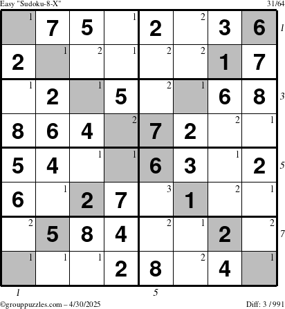 The grouppuzzles.com Easy Sudoku-8-X puzzle for Wednesday April 30, 2025 with all 3 steps marked