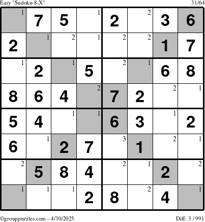The grouppuzzles.com Easy Sudoku-8-X puzzle for Wednesday April 30, 2025 with the first 3 steps marked