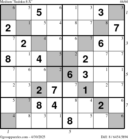The grouppuzzles.com Medium Sudoku-8-X puzzle for Wednesday April 30, 2025, suitable for printing, with all 8 steps marked