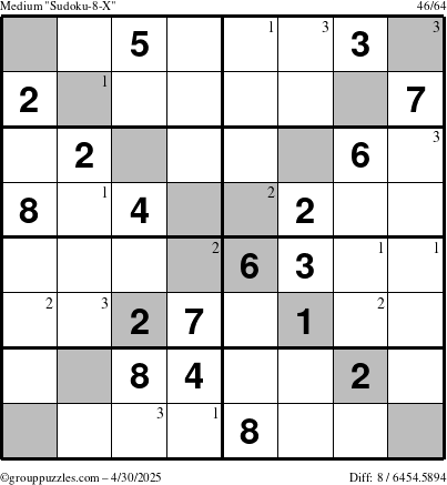 The grouppuzzles.com Medium Sudoku-8-X puzzle for Wednesday April 30, 2025 with the first 3 steps marked