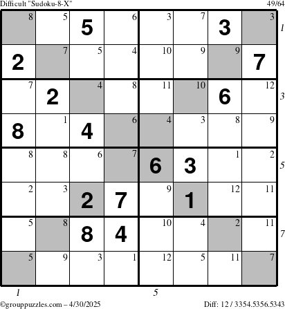 The grouppuzzles.com Difficult Sudoku-8-X puzzle for Wednesday April 30, 2025 with all 12 steps marked
