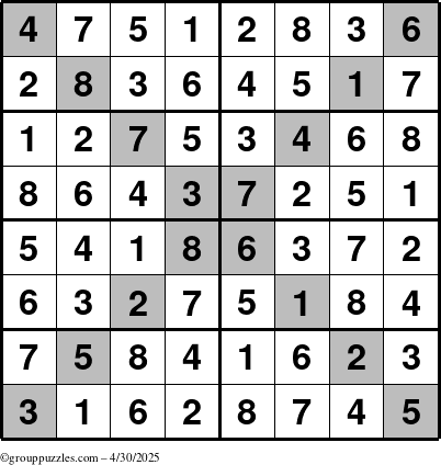 The grouppuzzles.com Answer grid for the Sudoku-8-X puzzle for Wednesday April 30, 2025