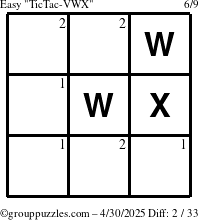 The grouppuzzles.com Easy TicTac-VWX puzzle for Wednesday April 30, 2025 with the first 2 steps marked