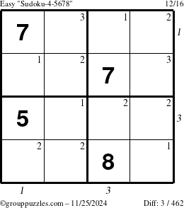 The grouppuzzles.com Easy Sudoku-4-5678 puzzle for Monday November 25, 2024 with all 3 steps marked