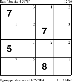 The grouppuzzles.com Easy Sudoku-4-5678 puzzle for Monday November 25, 2024 with the first 3 steps marked