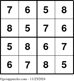 The grouppuzzles.com Answer grid for the Sudoku-4-5678 puzzle for Monday November 25, 2024