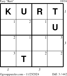 The grouppuzzles.com Easy Kurt puzzle for Monday November 25, 2024 with all 3 steps marked