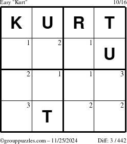 The grouppuzzles.com Easy Kurt puzzle for Monday November 25, 2024 with the first 3 steps marked