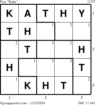 The grouppuzzles.com Easy Kathy puzzle for Monday November 25, 2024 with all 3 steps marked