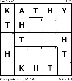 The grouppuzzles.com Easy Kathy puzzle for Monday November 25, 2024 with the first 3 steps marked