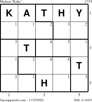 The grouppuzzles.com Medium Kathy puzzle for Monday November 25, 2024 with all 4 steps marked