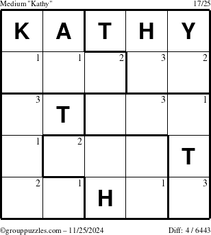 The grouppuzzles.com Medium Kathy puzzle for Monday November 25, 2024 with the first 3 steps marked