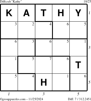 The grouppuzzles.com Difficult Kathy puzzle for Monday November 25, 2024 with all 7 steps marked