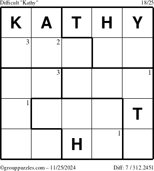 The grouppuzzles.com Difficult Kathy puzzle for Monday November 25, 2024 with the first 3 steps marked