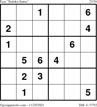 The grouppuzzles.com Easy Sudoku-Junior puzzle for Monday November 25, 2024