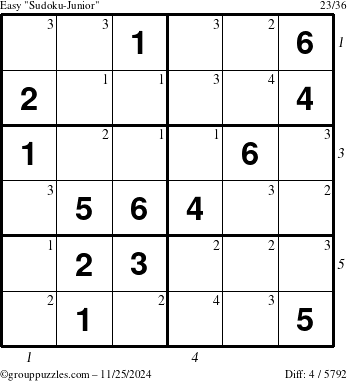 The grouppuzzles.com Easy Sudoku-Junior puzzle for Monday November 25, 2024 with all 4 steps marked