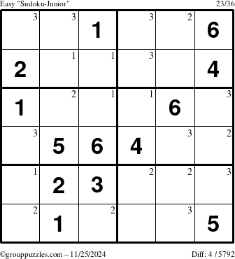 The grouppuzzles.com Easy Sudoku-Junior puzzle for Monday November 25, 2024 with the first 3 steps marked