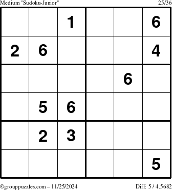 The grouppuzzles.com Medium Sudoku-Junior puzzle for Monday November 25, 2024