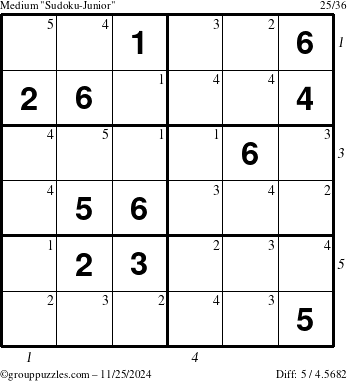 The grouppuzzles.com Medium Sudoku-Junior puzzle for Monday November 25, 2024 with all 5 steps marked