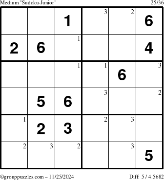 The grouppuzzles.com Medium Sudoku-Junior puzzle for Monday November 25, 2024 with the first 3 steps marked