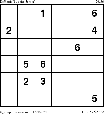 The grouppuzzles.com Difficult Sudoku-Junior puzzle for Monday November 25, 2024