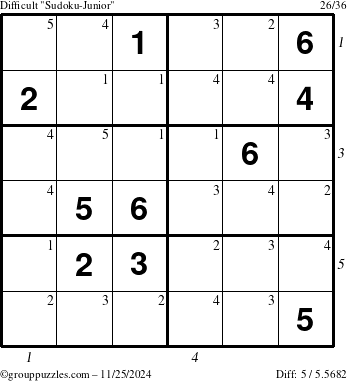 The grouppuzzles.com Difficult Sudoku-Junior puzzle for Monday November 25, 2024 with all 5 steps marked