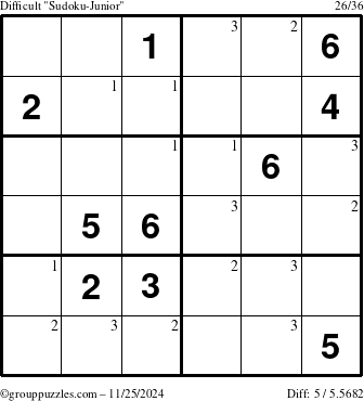 The grouppuzzles.com Difficult Sudoku-Junior puzzle for Monday November 25, 2024 with the first 3 steps marked