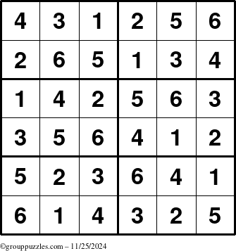 The grouppuzzles.com Answer grid for the Sudoku-Junior puzzle for Monday November 25, 2024