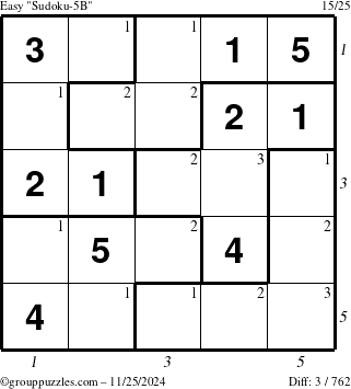 The grouppuzzles.com Easy Sudoku-5B puzzle for Monday November 25, 2024 with all 3 steps marked