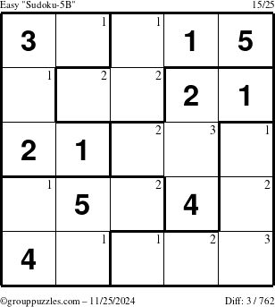 The grouppuzzles.com Easy Sudoku-5B puzzle for Monday November 25, 2024 with the first 3 steps marked