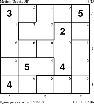 The grouppuzzles.com Medium Sudoku-5B puzzle for Monday November 25, 2024 with all 6 steps marked