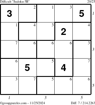 The grouppuzzles.com Difficult Sudoku-5B puzzle for Monday November 25, 2024 with all 7 steps marked