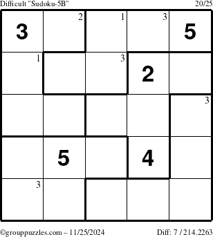 The grouppuzzles.com Difficult Sudoku-5B puzzle for Monday November 25, 2024 with the first 3 steps marked