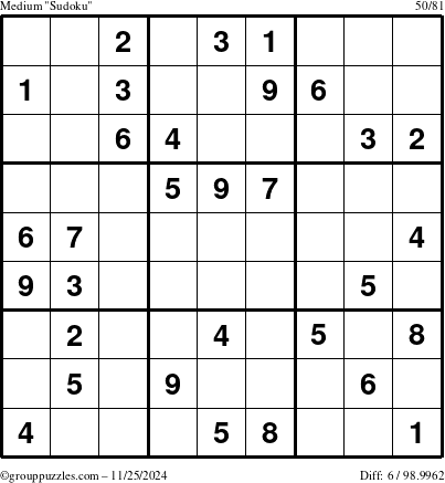 The grouppuzzles.com Medium Sudoku puzzle for Monday November 25, 2024