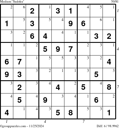 The grouppuzzles.com Medium Sudoku puzzle for Monday November 25, 2024, suitable for printing, with all 6 steps marked