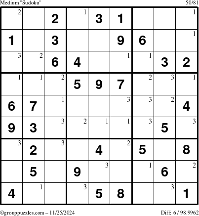 The grouppuzzles.com Medium Sudoku puzzle for Monday November 25, 2024 with the first 3 steps marked